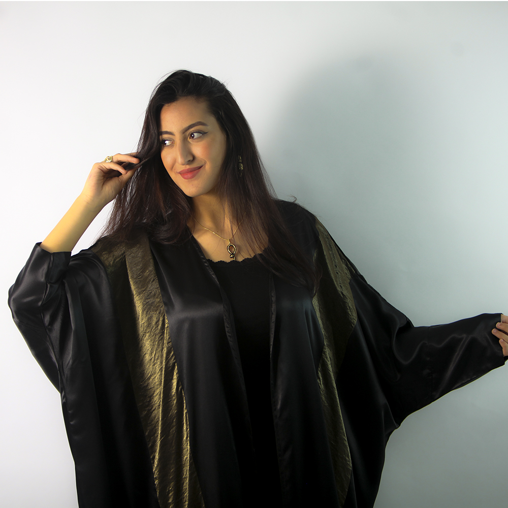 Black open Abaya with bronze stripes | Jamilaty