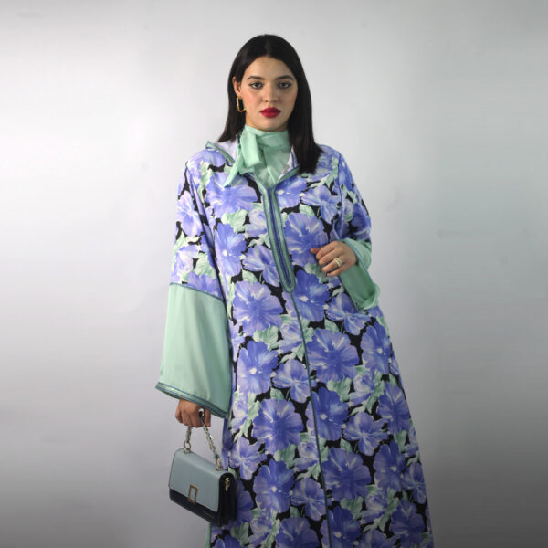 Purple Flower print djellaba with light green muslin qmiss